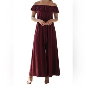 NWT Maroon Split Romper Off Shoulder Dress Overlay W/Shorts Size L Ruffle Sleeve